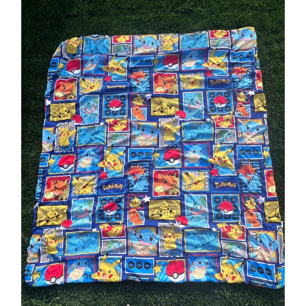 Pokemon Reversible Comforter Pikachu Squirtle Bulbasaur Blue‎ Quilted 72x81